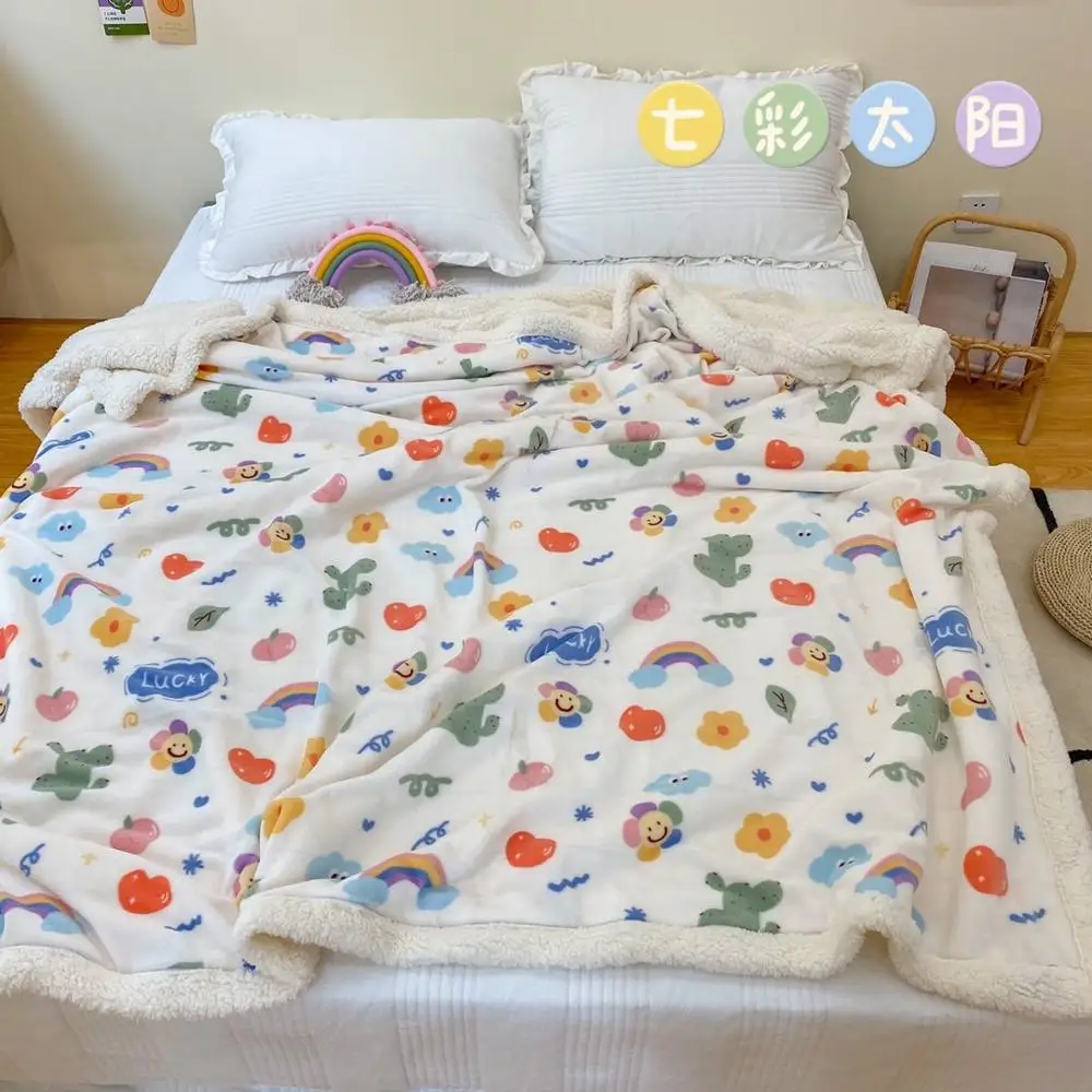 

Nordic Small Fresh Rainbow Sherpa Fleece Throw Blanket Smiley Flowers Strawberry Flannel Blanket for Bedroom Decor