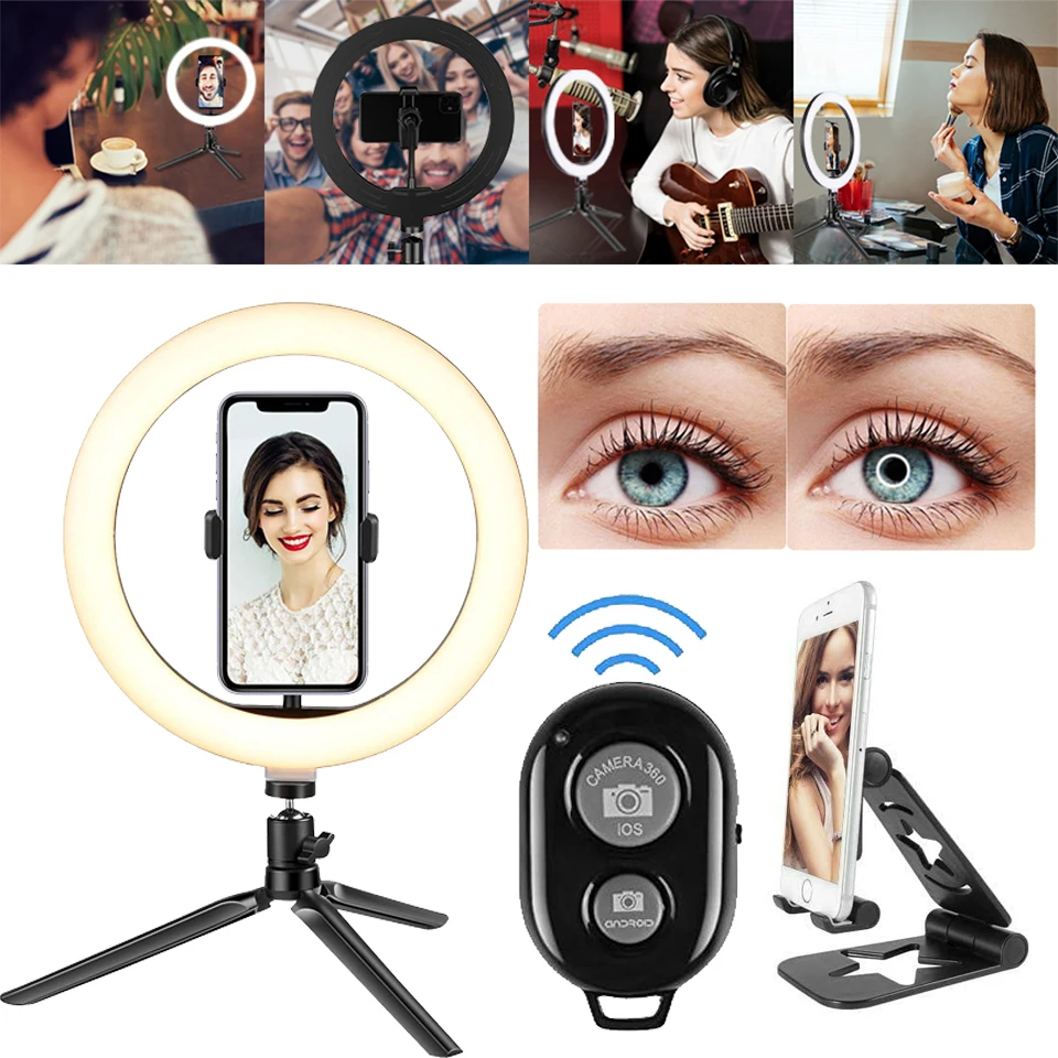 

LED Dimmable Ringlight Photography Lamp Fill Ring Light Tripod Stand Phone Holder Selfie Makeup Live Vlog Streaming YouTube