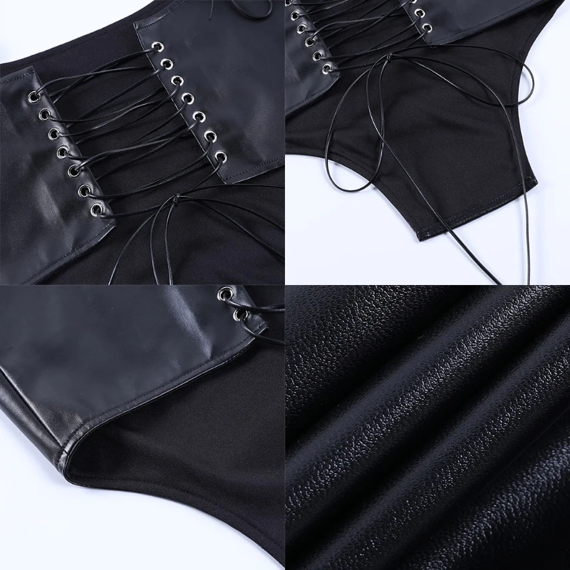 

Women Faux Leather Sleeveless Corset Crop Top Bandage Irregular Hem Cincher Vest