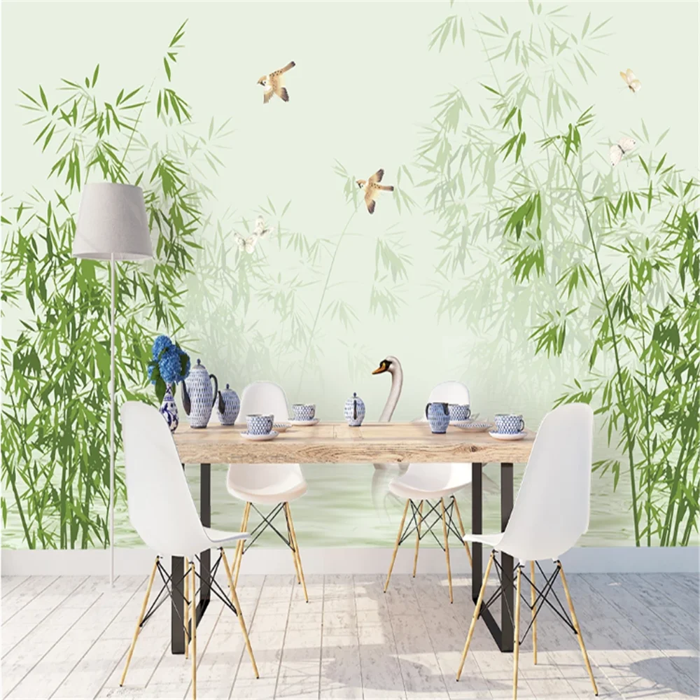 

Milofi manufacturers custom 3D wallpaper mural Nordic water flowers and bamboo flowers and birds swans bedroom background wall