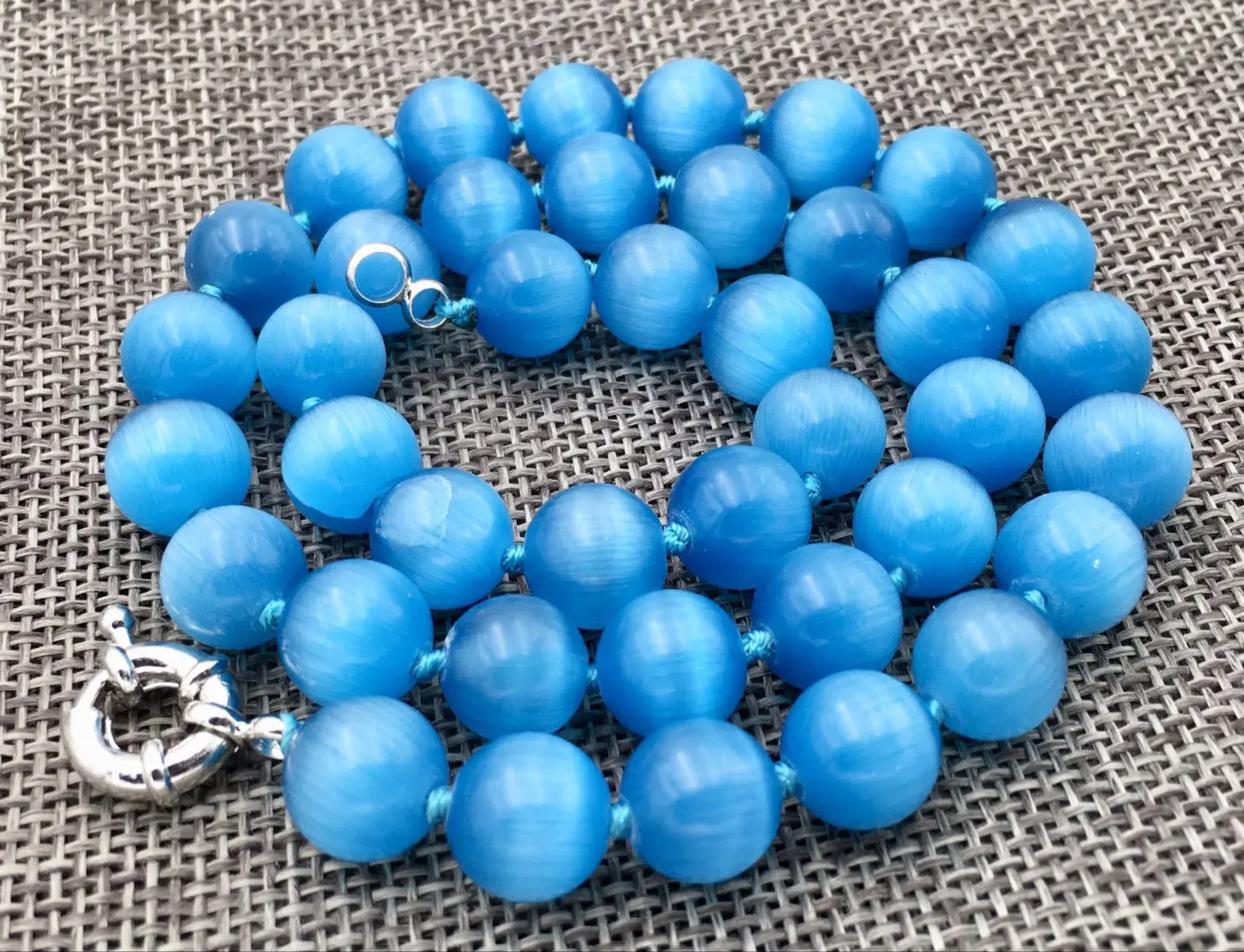 Pretty 10mm blue Cat Eye Stone Opal Round Beads Gems Necklace 18 " AAA