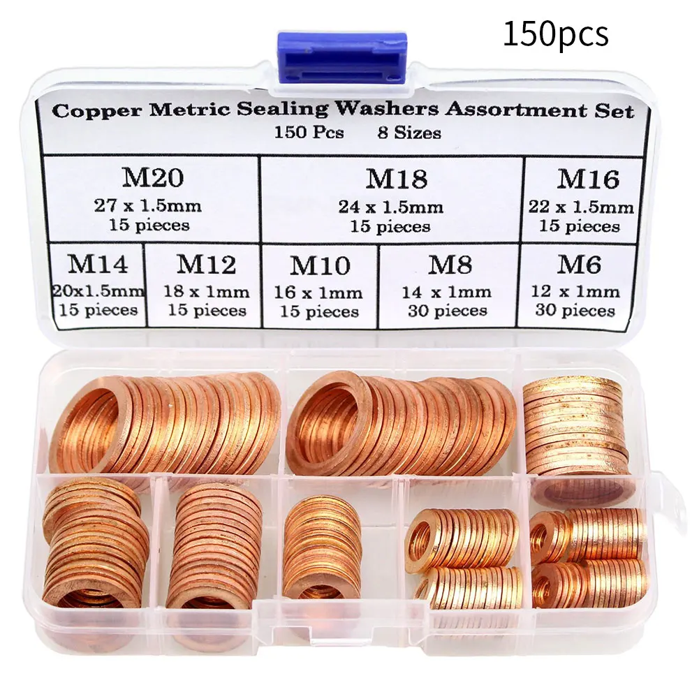 

150Pcs Copper Washer Gasket Nut and Bolt Set Flat Ring Seal Assortment Kit /M8/M10/M12/M14 for Sump Plugs Hardware Accessories