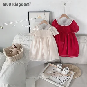 Mudkingdom Girls Satin Dress Mesh Pearls Puff Sleeve Square Collar Summer Princess Dresses for Toddler Short Sleeve Kids Clothes