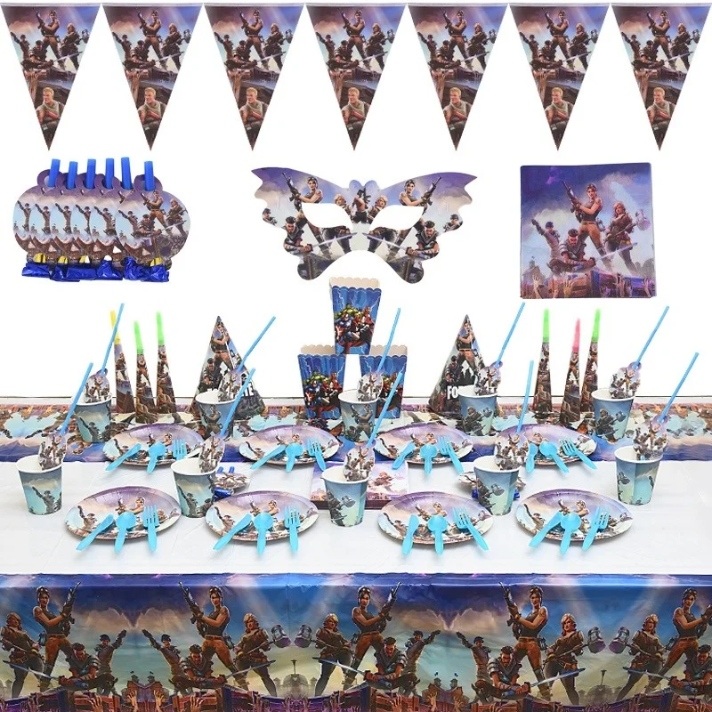 

Fortnite Birthday Party Decoration Disposable Tableware Cake Topper Paper Cup Tablecloth Supplies Accessories Children's Party