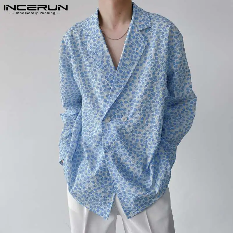 

INCERUN Korean Style Mens Blouse Loose Comfortable Design Sense Small Suit Personality Flower Floating Long-sleeved Shirts S-5XL