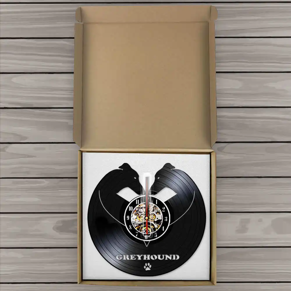 

Greyhound Silhouette Wall Clock Vinyl Album Re-purposed Record Clock Dog Breed Art Decor Hanging Wall Watch For Animal Lover