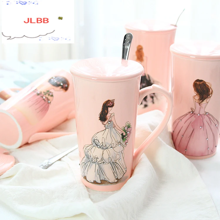 3D Розовый красивых девушек в свадебное платье со стразами Кофе кружка с ложкой