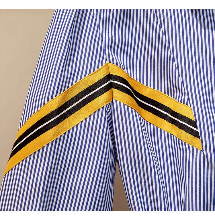 Женское прямое платье в полоску с отложным воротником поясом стиле пэчворк на