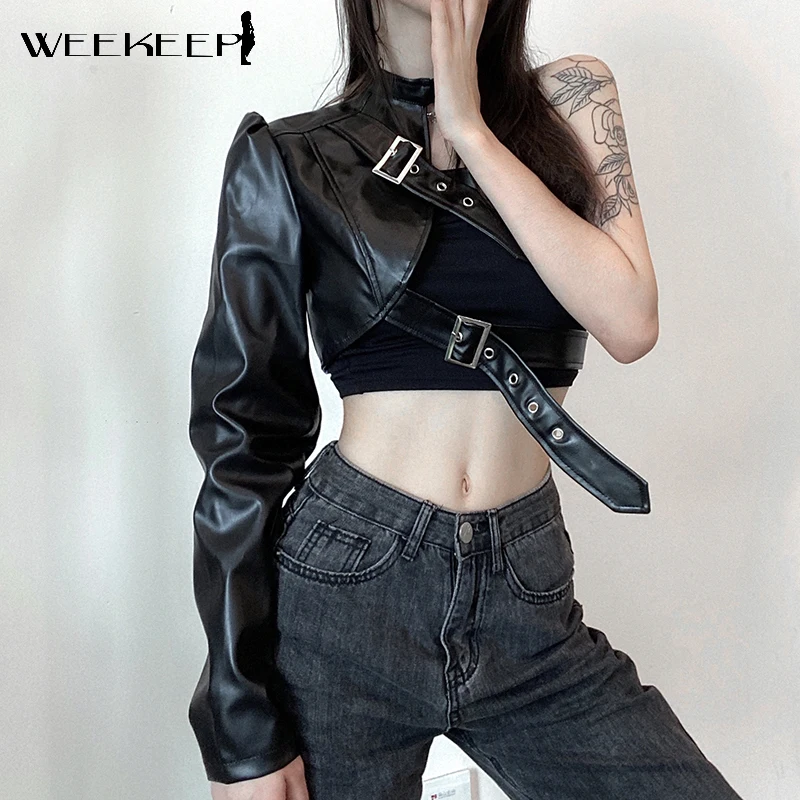 

Weekeep Gothic Black PU Leather Jacket Women One Shoulder Halter Buckle Hip Hop Outfits Fashion Streetwear Cropped Jackets Solid