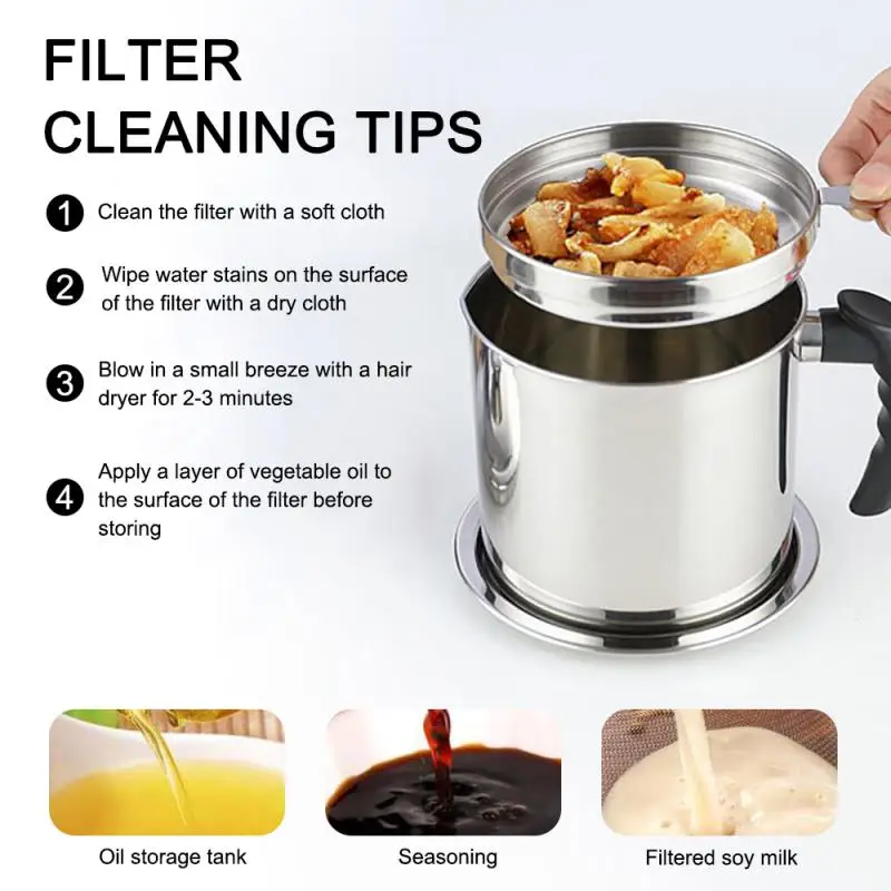 

Stainless Steel Strainer Aluminum Oil Filter Pot Soup Grease Strainer 1.7/1.3L 57.5/43oz Oil Storage Pot Grease Keeper With Lid