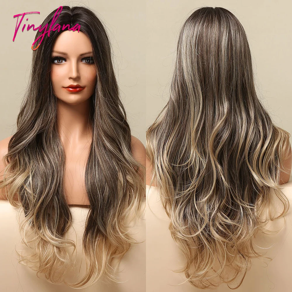 

TINY LANA Ombre Dark Brown Blonde Highlight Wig Middle Part Long Natural Wave Synthetic Wig For Women Daily Party Heat Resistant