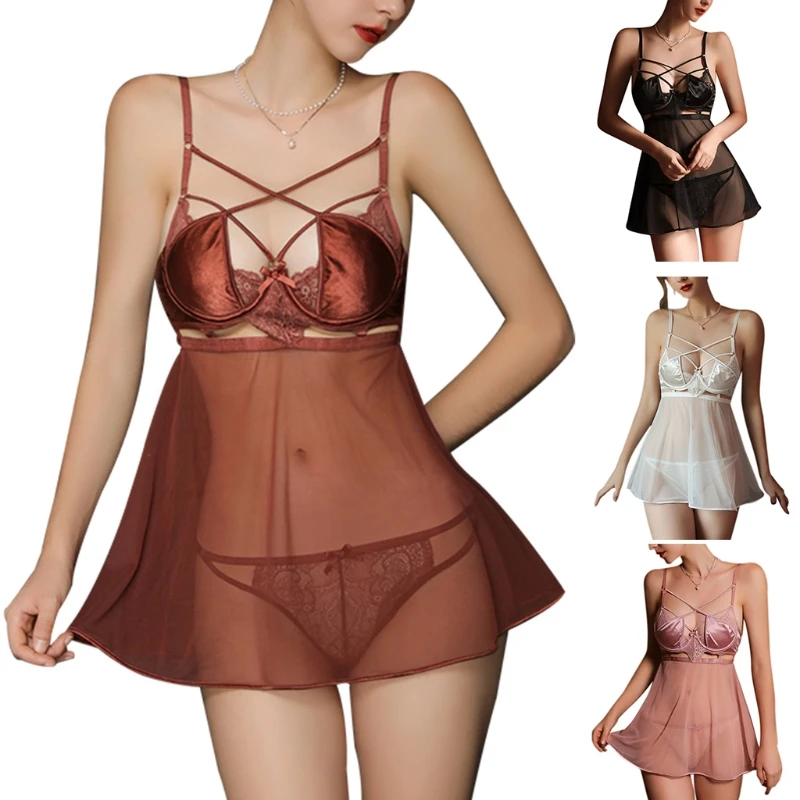 

Women Sexy Spaghetti Strap Sheer Mesh Mini Lingerie Dress with Lace Panties Set Hollow Out Backless Nightgown Sleepwear