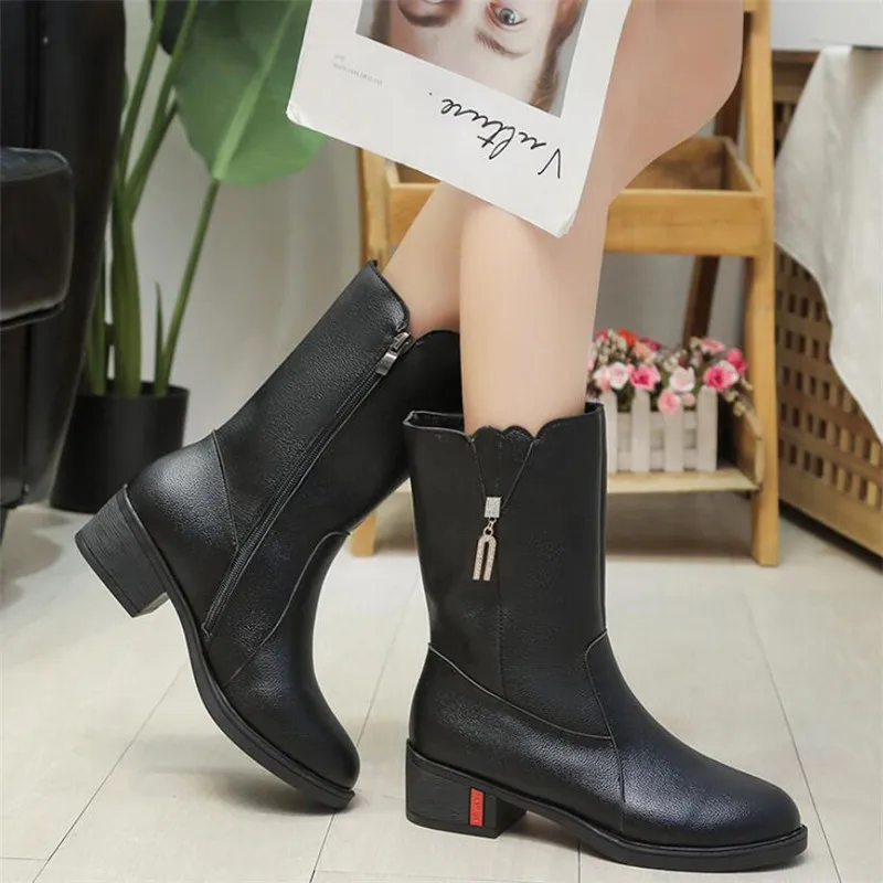 

2020 new women's boots thick heel mid-tube boots round toe side zipper mid-heel female knight boots fashion casual women's shoes
