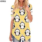 Женская футболка с V-образным вырезом KYKU, желтая футболка с 3D-принтом пингвина, лето
