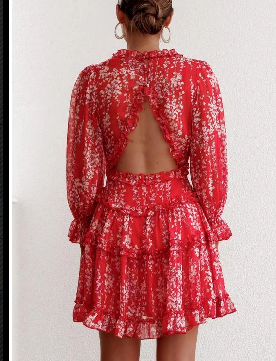 

Flower Print Sexy V Neck Rufffle Hem Multi-layer Dress Sundress Long Sleeve Backless Dresses