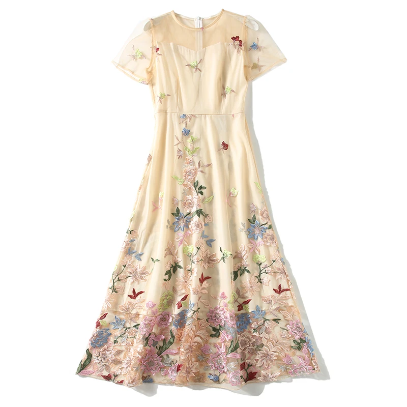 

2021 New Fashion Summer Fashion Runway Mesh Dress Ladies O-Neck Flowers Embroidery Vintage Women Midi Dress