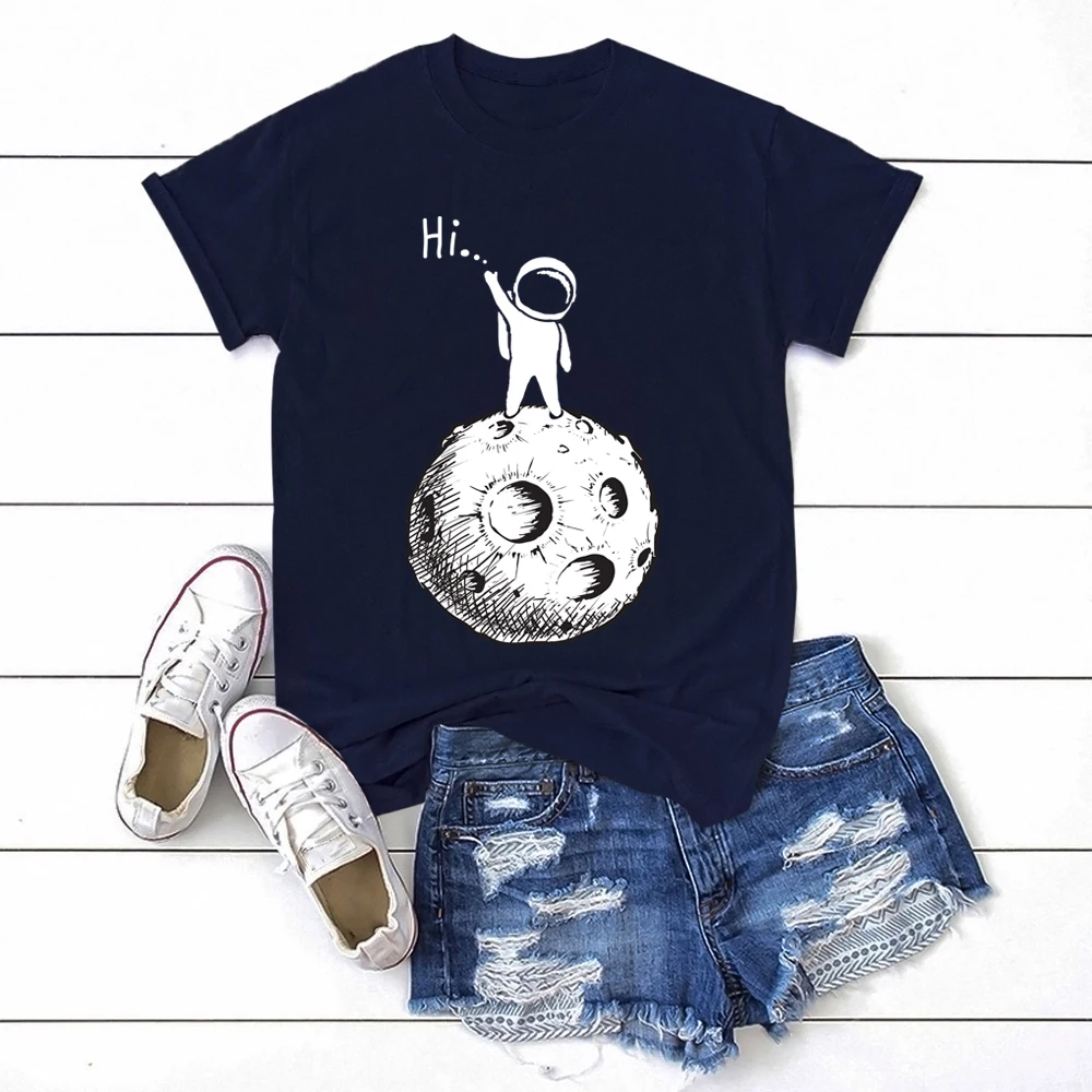 Женские футболки с коротким рукавом принтом астронавта Луны дышащая Корейская