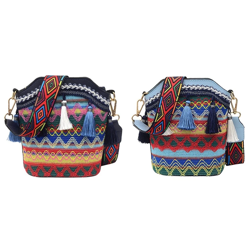 

2PCS Fashion Bohemian Ethnic Style Women's Straw Woven Shoulder Messenger Bag, Navy Blue & Light Blue