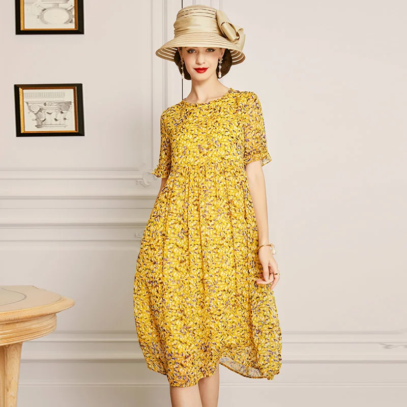 

SHZQ Silk Dress Women's 2021 Summer New Yellow Floral Skirt Waist Closed Mulberry Silk A-line Skirt