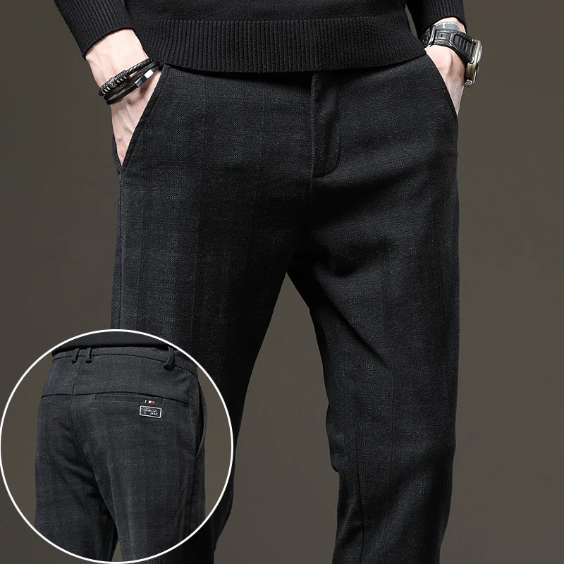 

Новинка весна-осень мужские плотные деловые повседневные брюки молодежные модные высокоэластичные прямые брюки классические клетчатые об...