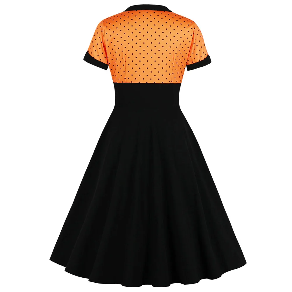 Женское винтажное летнее платье высокая талия короткий рукав узор в горошек