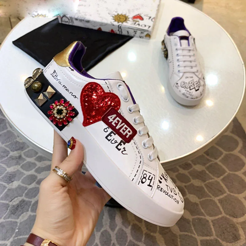 

Luxury beaded crystal women's sneakers, white casual shoes, lace-up flat women's shoes, student fashion shoes