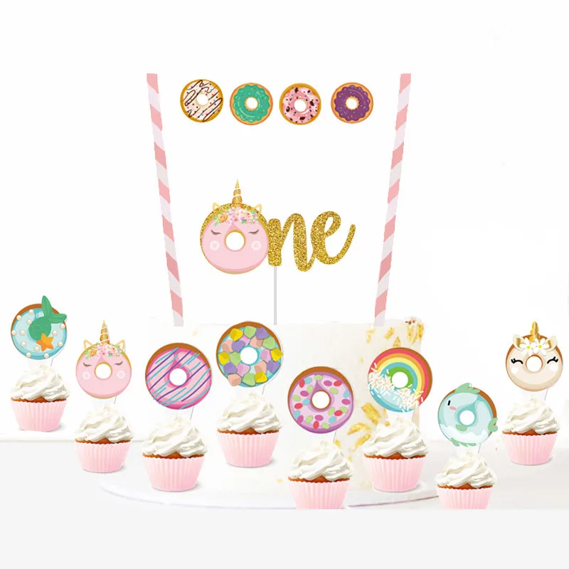 Пончик единорог топперы для торта блестящие золотые двух сладких кексов