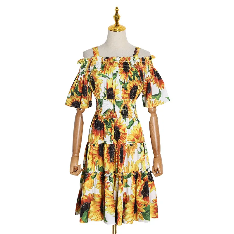 

Seasonal Fashion Sunflower Print Elastic Waist Sling Vacation Flounce Dress Women