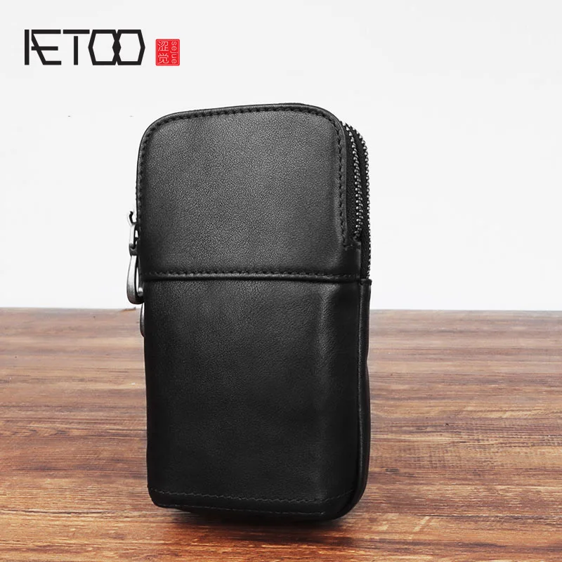 

AETOO Leather belt bag, men's first layer leather casual pouch, mobile phone sports wear belt pouch