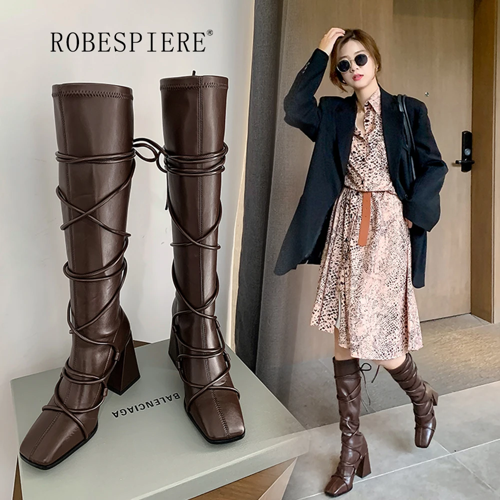 Online ROBESPIERE-Sepatu Bot Panjang Lutut Kulit Wanita Sepatu Bot Berenda Merah Jaring Sepatu Heels-B213 Tinggi Ujung Persegi Modis