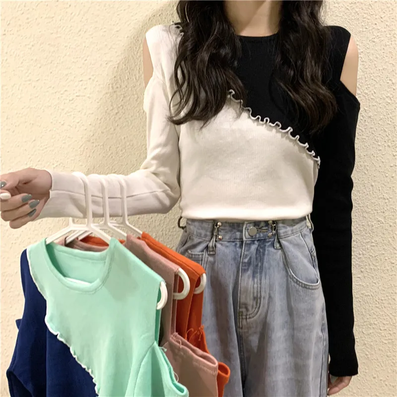 

Autumn new style short section hit color stitching strapless knit bottoming long-sleeved t-shirt women