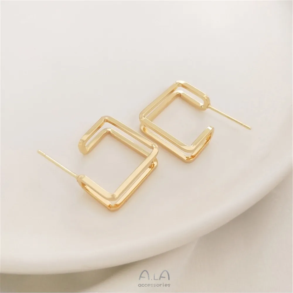 

Geometric square double earrings 925 silver needle earrings simple trendy Korean Internet celebrity earrings 14K gold color