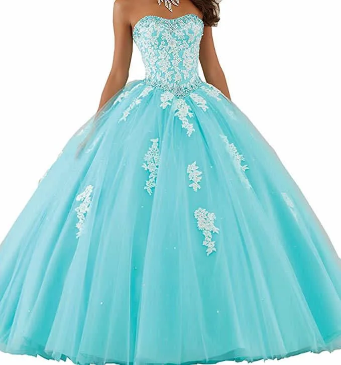 

Недорогие платья для Quinceanera небесно-голубого цвета, бальное платье, милое Тюлевое платье с аппликацией из бисера, 16 платьев