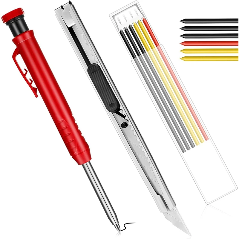 

NEW-Solid Carpenter Pencils Set For With 6 Pieces Refills And Retractable Knife, Mechanical Pencils For Scriber Woodworking
