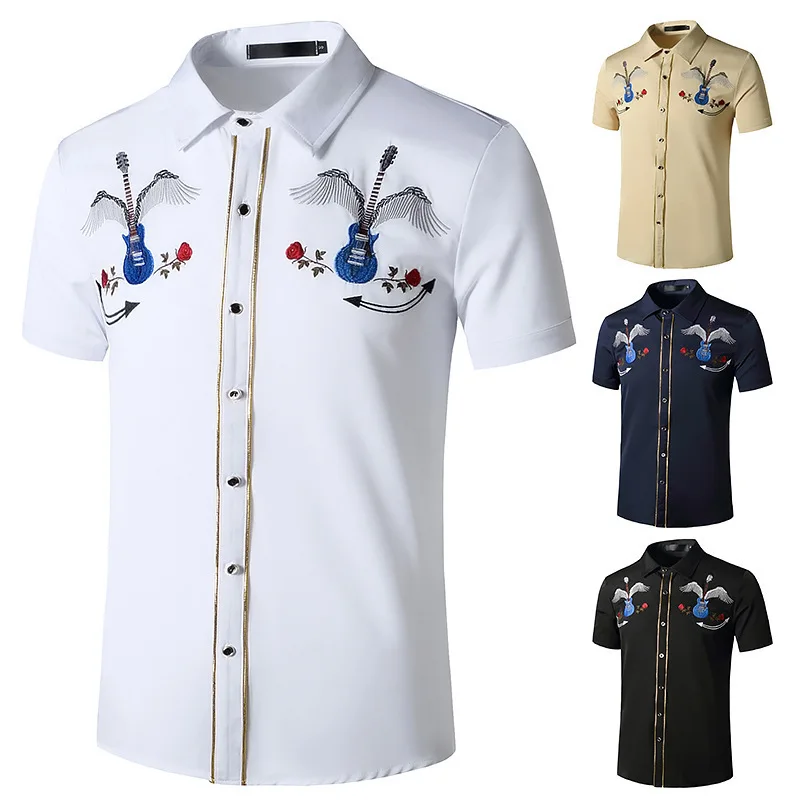 

Мужская джинсовая рубашка с вышивкой, Повседневная рубашка из денима в западном стиле, с короткими рукавами, на пуговицах, уличная одежда, ...