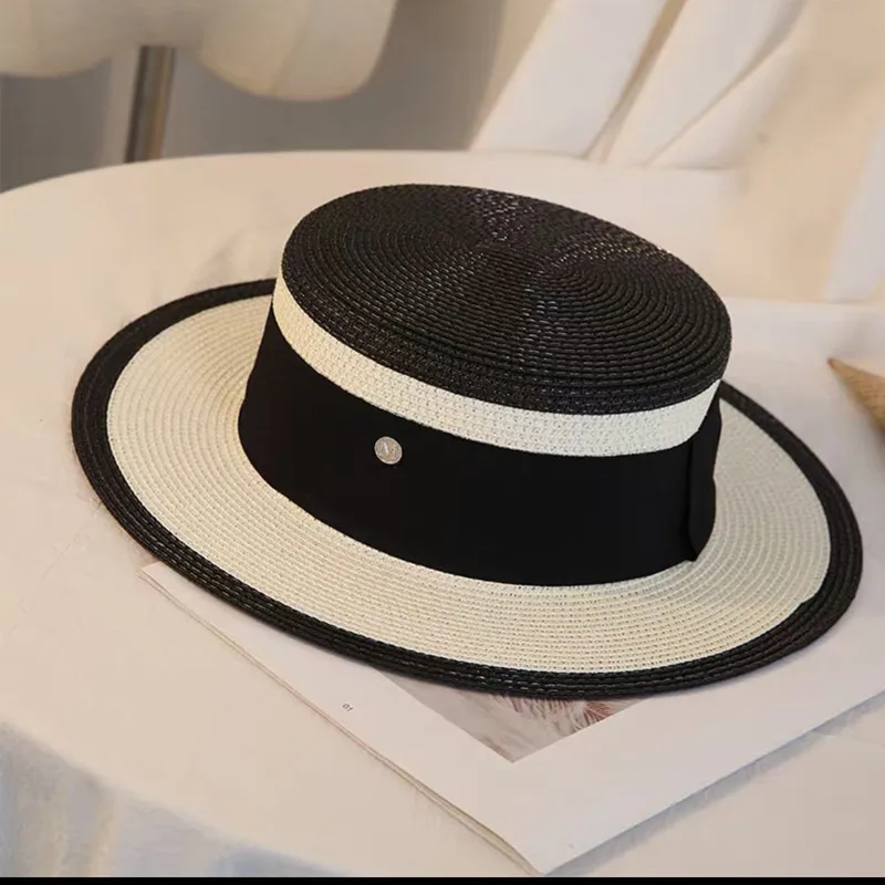 

2021 Ladies Retro Flat Straw Hat Summer Elegant Travel Wide Brim UV Protection Sun Hat Letter Breathable Flower Beach Hat