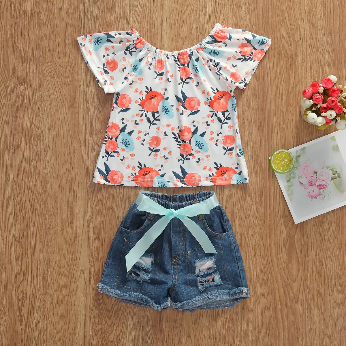 Детский топ с открытыми плечами и принтом розы для девочек рваные джинсовые