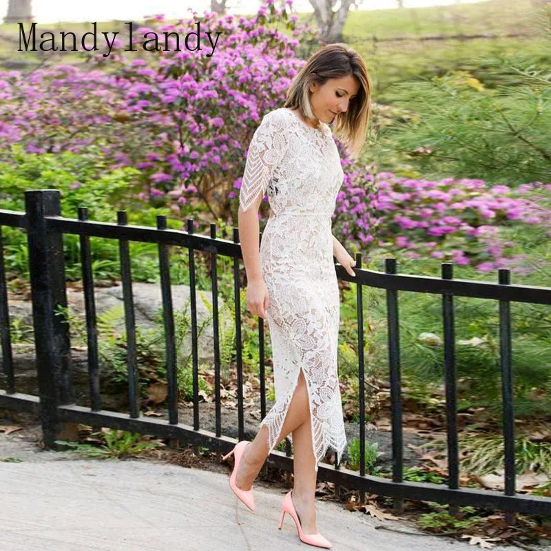 

Mandylandy Women's Sexy Lace Hollow Out Pencil Dress Ladies Elegant Short Sleeve O Neck Slim Fit Slit Bodycon Dress