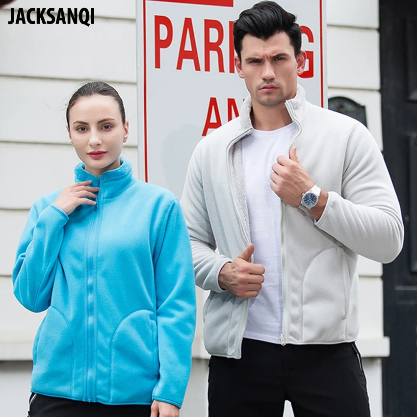 

JACKSANQI Winter Men Women Can Be Worn On Both Sides Hiking Fleece Jackets Outdoor Thermal Windbreaker Camping Skiing Coat RA435