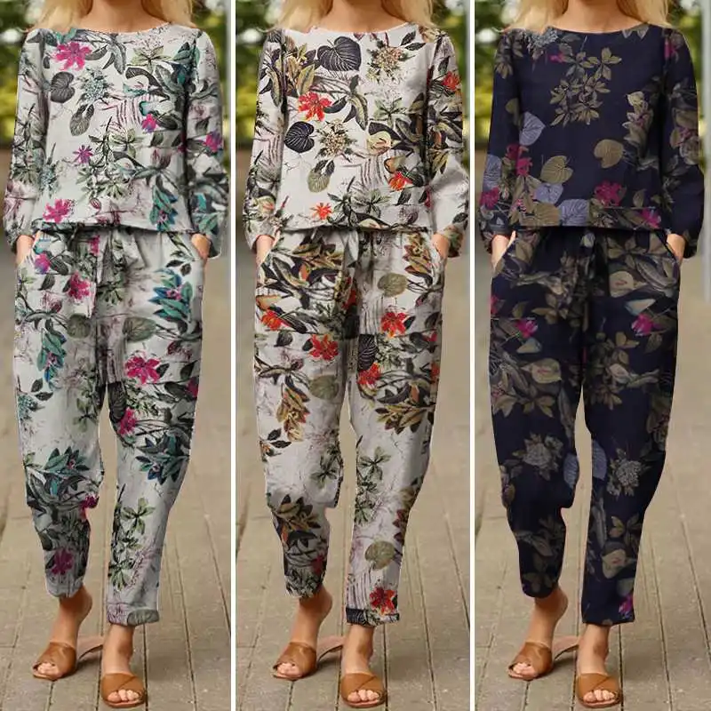 

2PCS kaftan Women Printed Sets ZANZEA 2023 Casual Long Sleeve Blouses and Harem Pants Female Floral Tops Elastic Waist Trousers