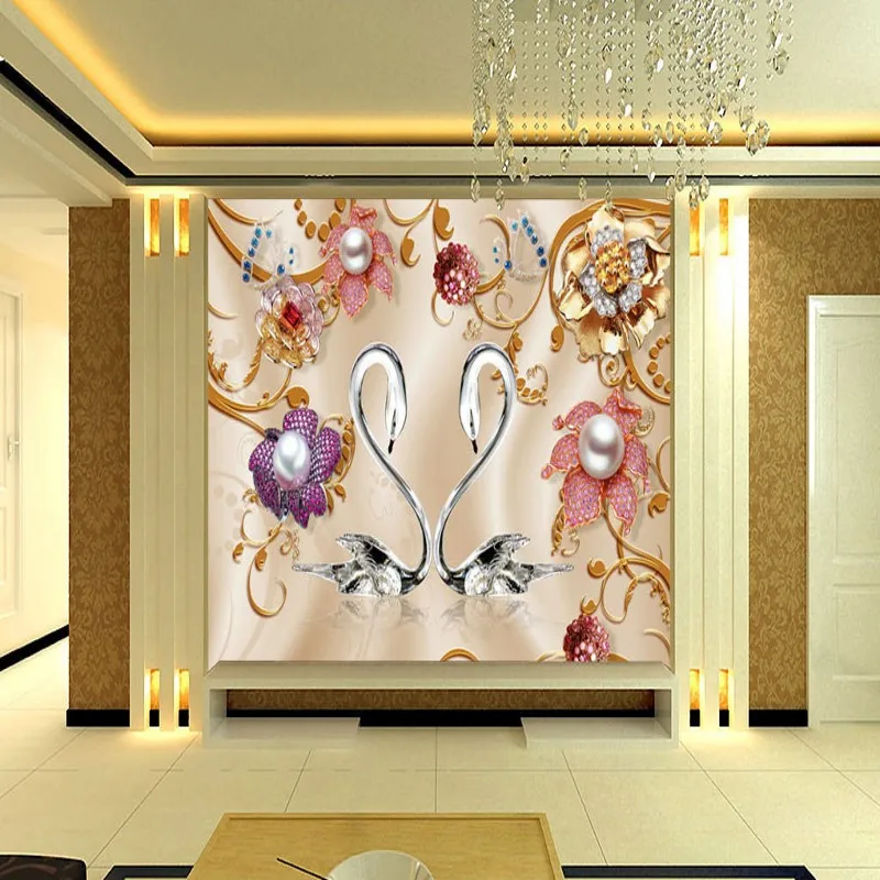 

Dropship Custom Mural 3D Fashion Pearl Flower Crystal Swan TV Background Wall Mural Custom Lobby Wallpaper 3d Wallpaper