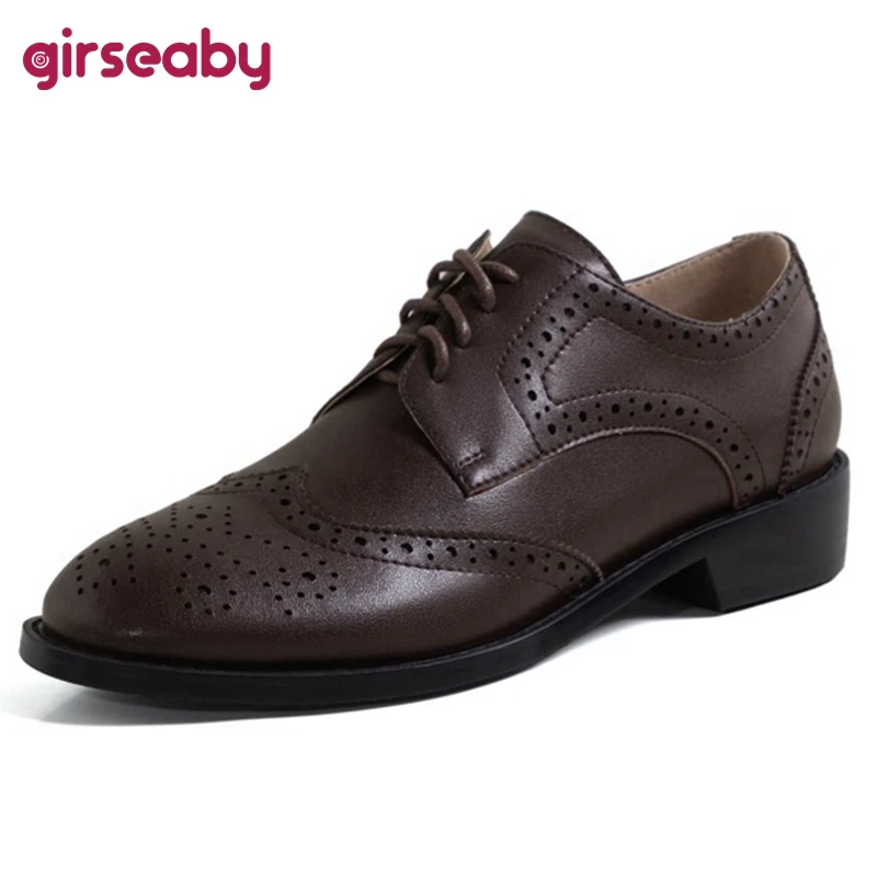 

Girseaby 2021 Retro Ladies Flats British Style Office Career Lace Up Oxfords Round Toe Square Heel Size 32-44 Black Brown A4434
