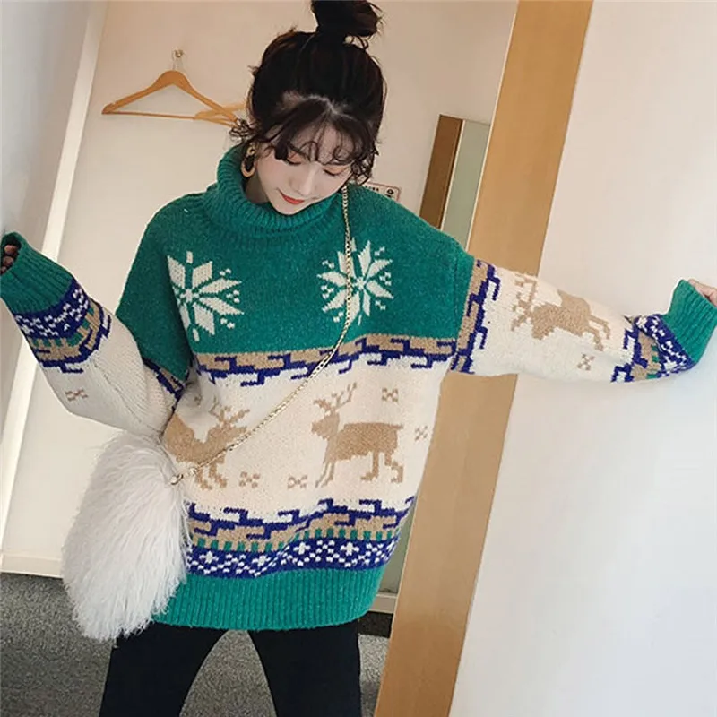 Рождественский свитер Женский пуловер с высоким воротником трикотажные топы