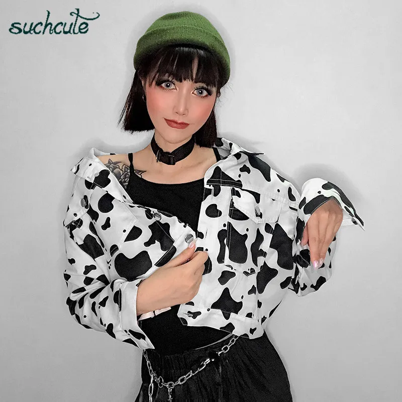 SUCHCUTE, Женская куртка с принтом коровы, пальто для женщин, корейский стиль, Modis Longslive, повседневная, осень, кнопка, Harajuku, уличная одежда, пальто