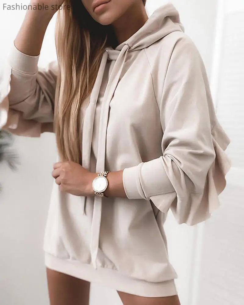 

Ruffle Pleated Sweatshirts Autumn Winter Solid Color Hooded Long Sleeve Pullover Female Pullover