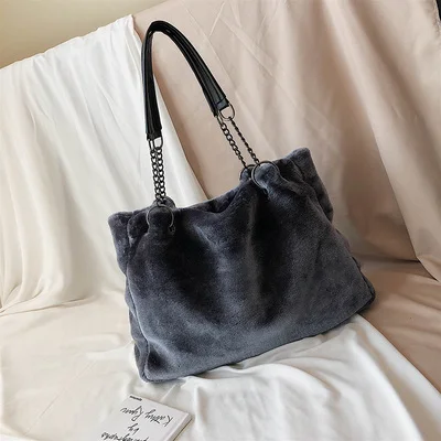 Original Brand Autumn And Winter Plush Shoulder Bag& Large Capacity Chain Tote Bag Width 49cm High 31cm Thickness 13cm - Цвет: Серый