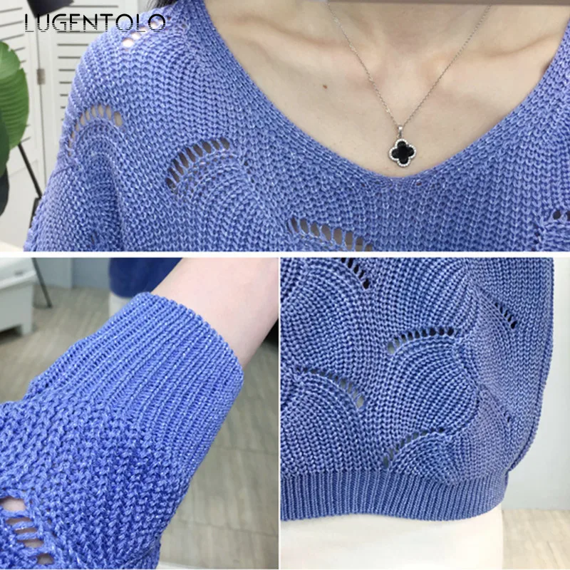 

Women Sweater Hollow Knitted V-neck Loose Korean Thin Long-sleeved Solid Color Pullovers Spring New Sweaters Lugentolo