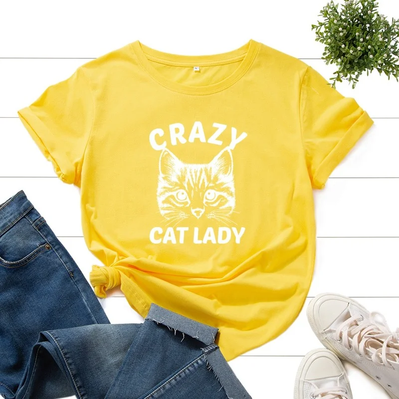

Summer Women T-shirt 100% Short Sleeve Short Sleeve Cat Letter Print Female Fashion Casual Ladies Regular Loose O-Neck Tees Tops