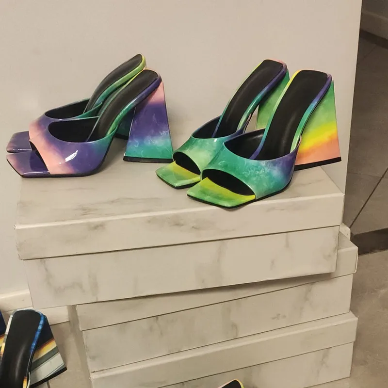 

Brand Design Block High Heels Women Mules Open Square Toe One Strap Ladies Slippers Sexy Party Nightclub Summer Slides 35-45