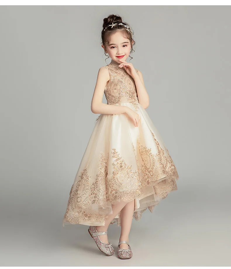 Золотое кружевное свадебное платье с блестками для девочек детское праздничное